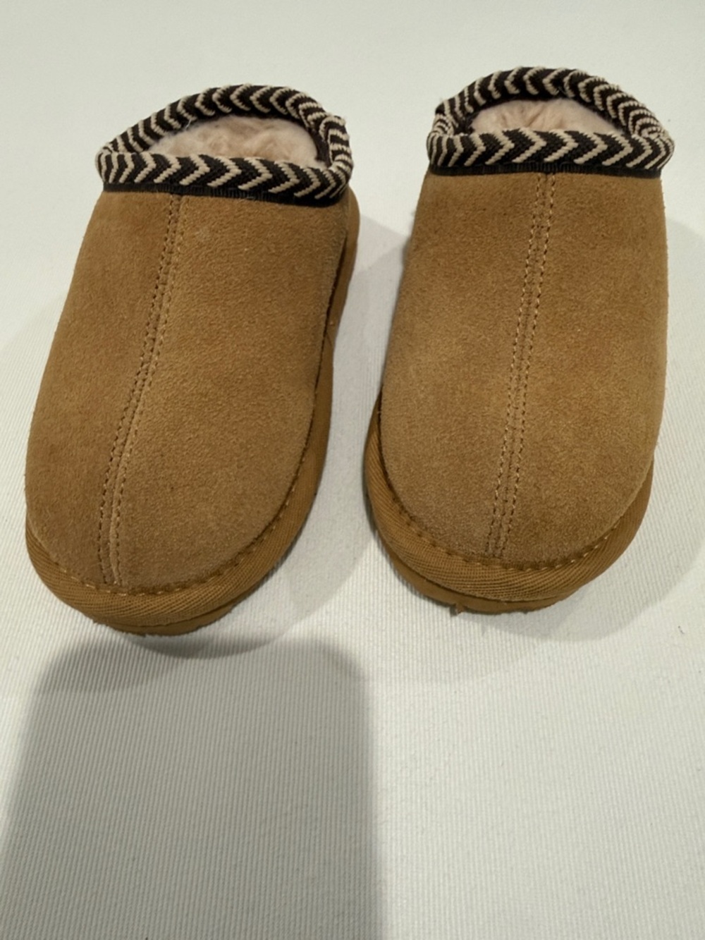 BearPaw Chestnut Suede-Look Slip-On Mules with Chevron Trim